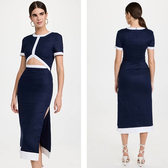 STAUD Dress Womens Small White Whiskey Perla Midi Linen Cut Out Sheath Leather - Picture 5 of 16